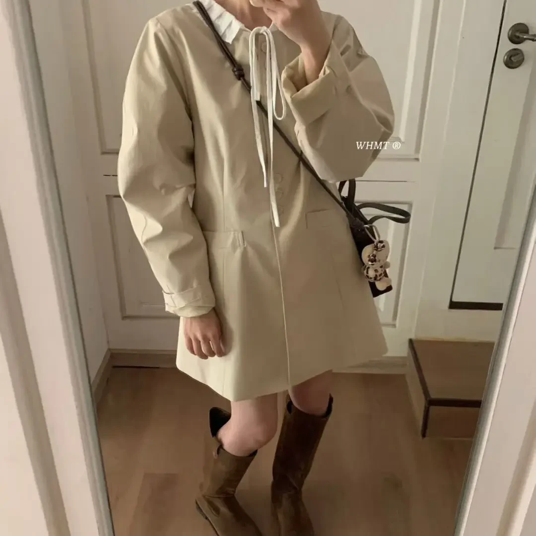韩版小众设计感圆领立体羊腿袖风衣连衣裙