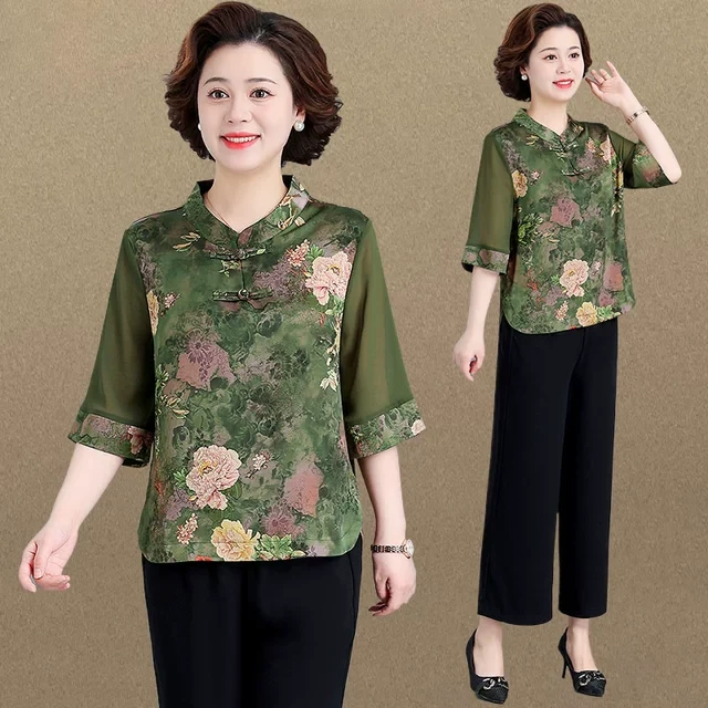 中老年妈妈夏季七分袖上衣运动服女宽松奶奶洋气减龄休闲两件套装