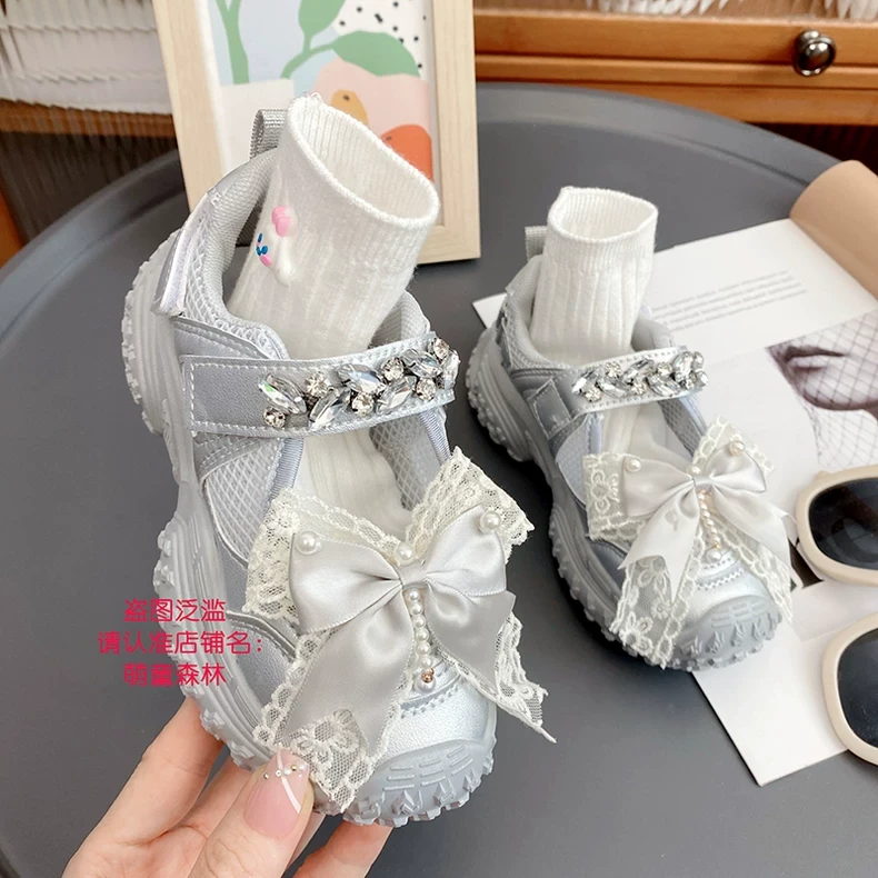 儿童运动鞋夏款新款蝴蝶结珍珠老爹鞋可爱中大童女宝宝凉鞋跑步鞋
