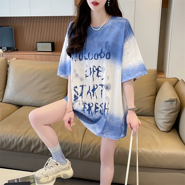 大码女装2024新款夏季宽松扎染短袖t恤女设计感小众独特别致上衣