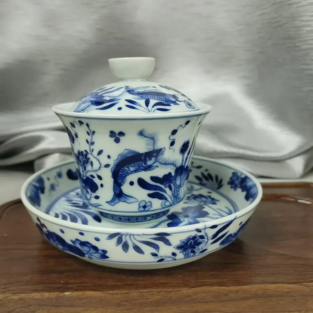 瑶野造物青花鱼藻纹盖碗家用陶瓷三才泡茶碗功夫茶具中式