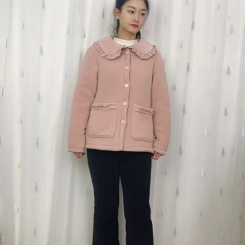 《翻领花边净面款》冬季三层夹棉加厚海豚绒可外穿女士保暖家居服