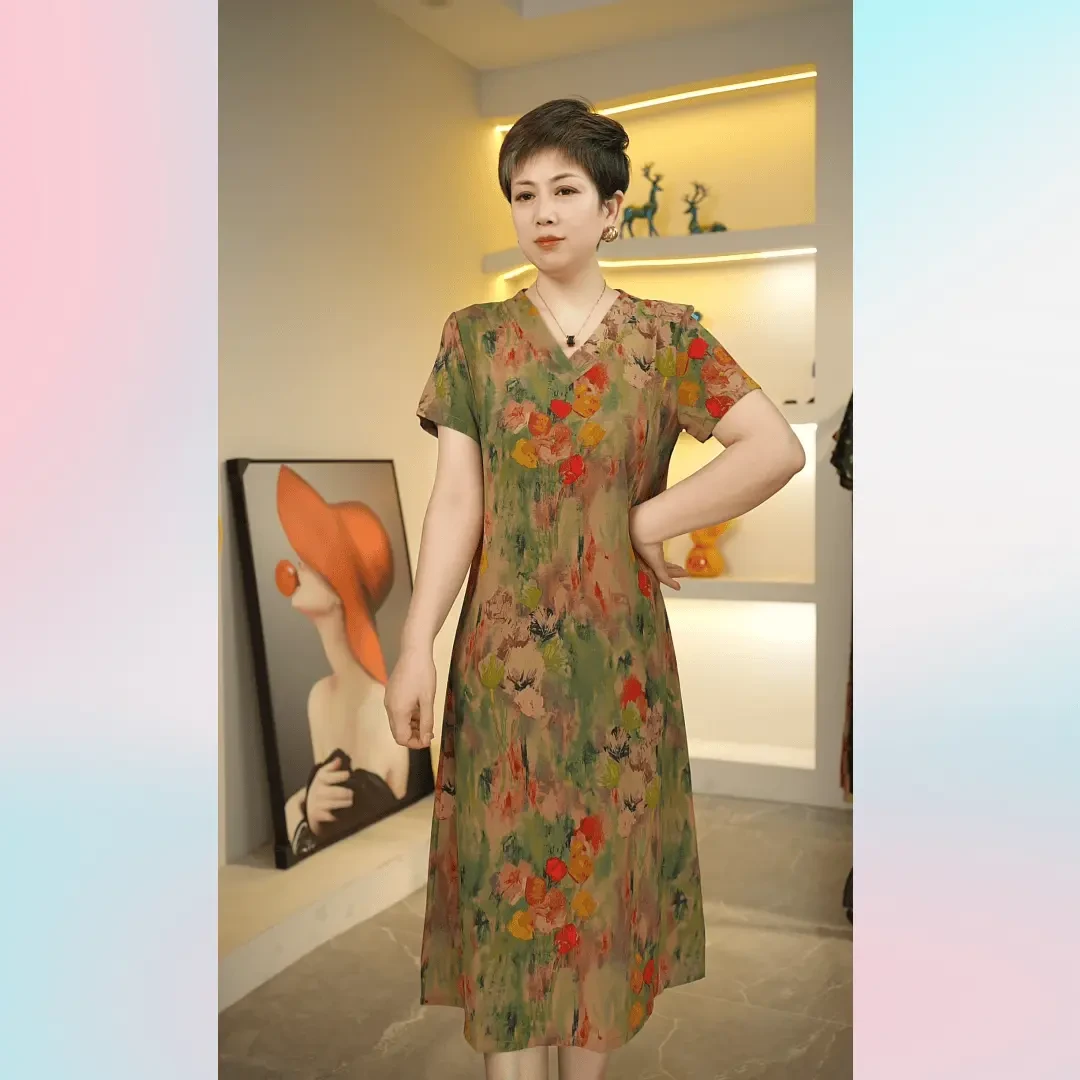 夏季新款遮肉显瘦V领黄花气质时尚妈妈装连衣裙