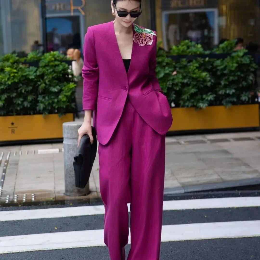 OMG老钱风高级感订花宽松西服高腰阔腿裤女装套装