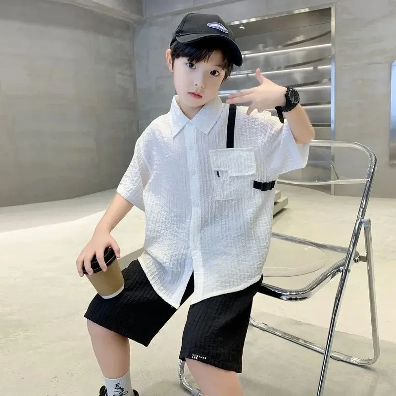 男童夏季短袖衬衫套装洋气韩版中大童薄款潮流童装休闲男孩夏款