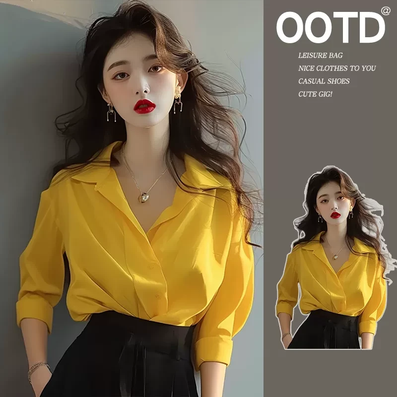 法式轻奢黄色长袖衬衫女高级设计感小众早秋独特别致宽松绝美上衣