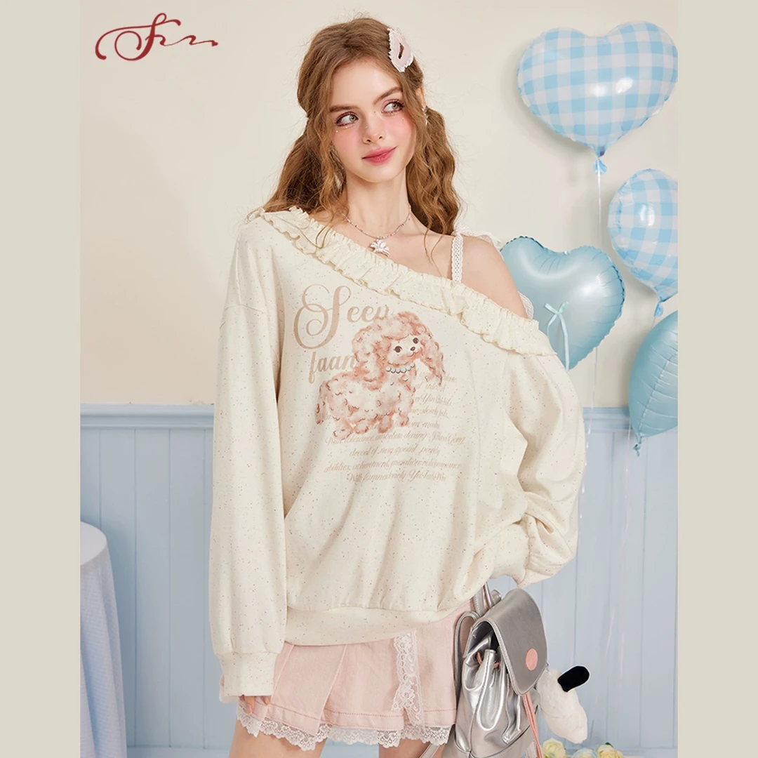 SEENFAAN盛放2025年春季新款露肩拼接蕾丝绑带卫衣宽松可爱设计感