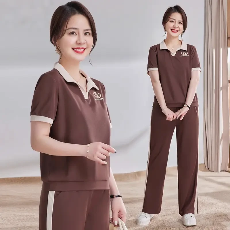 中年妈妈套装夏装运动服2025新款中老年女夏季短袖T恤休闲两件套