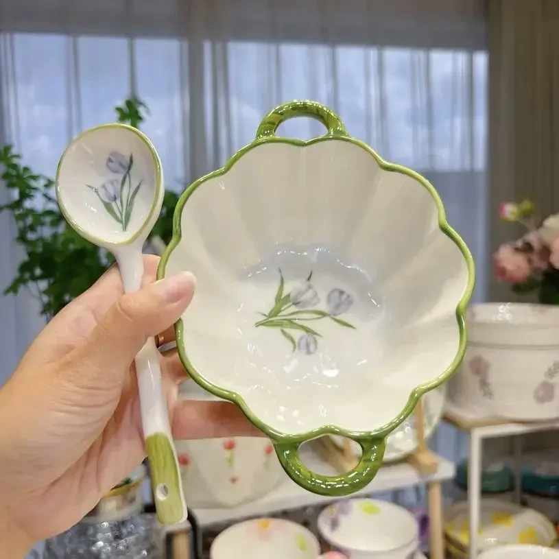 紫色郁金香南瓜陶瓷花边双耳深汤碗家用大容量双耳汤碗拉面勺H067