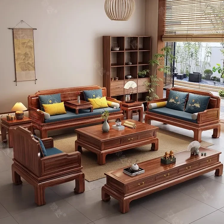新中式实木沙发组合客厅冬夏两用经济型古典轻奢禅意雕刻成套家具
