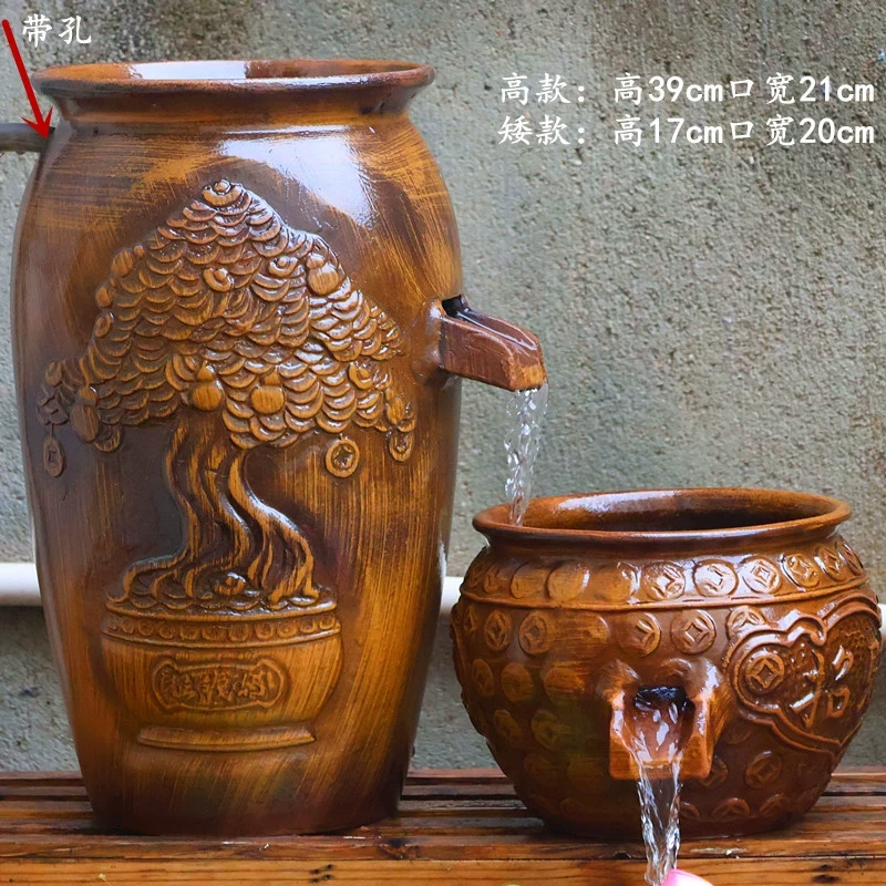 复古水培无孔花盆高低陶罐庭院鱼缸造景摆件水循环过滤流水摆件