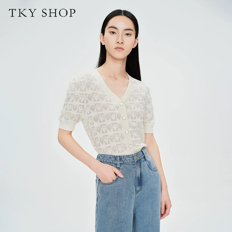 TKYSHOP【商场同款】时尚休闲小香风V领短袖开衫夏季款10G1HE05G062