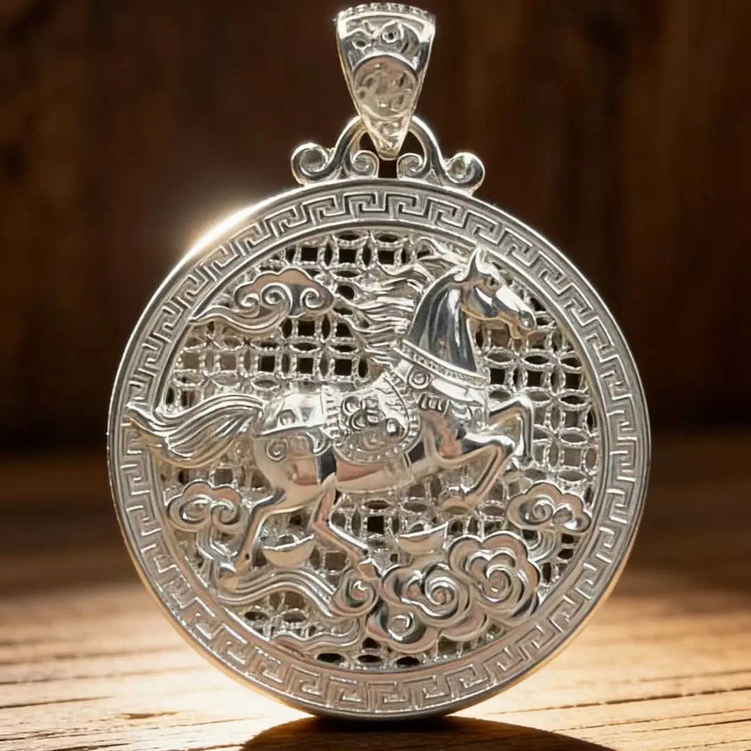 吊坠足银 吊坠足银 足银999生肖马镂空掐丝复古时尚吊坠