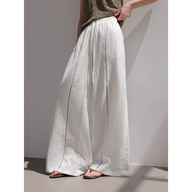 JWUNIQUE米白色镂空亚麻阔腿裤女2025年夏季新款宽松休闲裤拖地裤