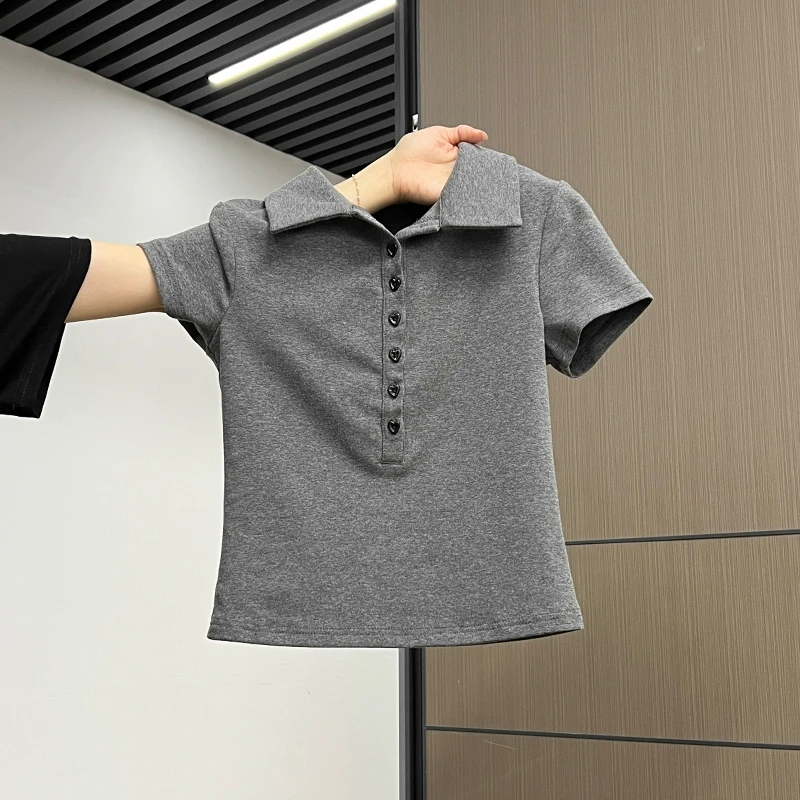 POLO翻领灰色正肩辣妹短袖T恤女夏季高级感修身显瘦通勤打底上衣