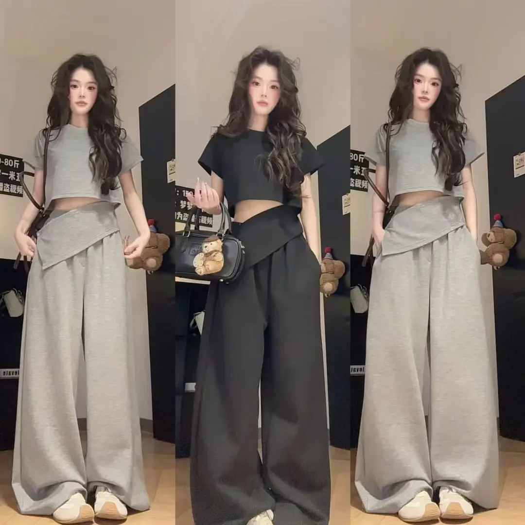 休闲运动套装阔腿韩版直筒垂感短款显瘦气质运动休闲夏季2025新款