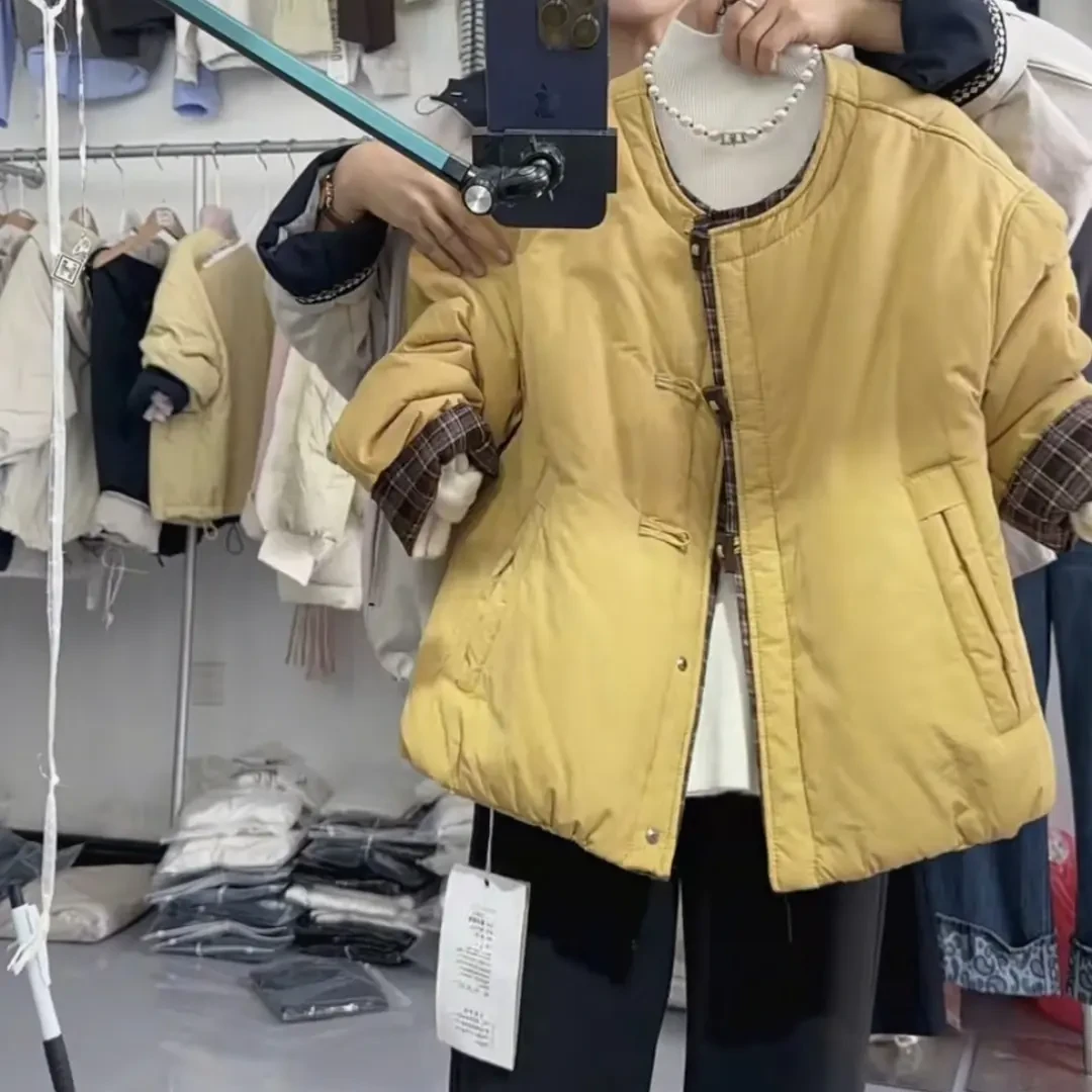 韩系撞色时尚百搭宽松显瘦圆领厚款冬季棉服上衣