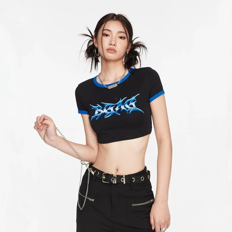 BGAG 酷飒辣妹印花短袖T恤女夏季街头甜酷嘻哈修身显瘦短款上衣H8