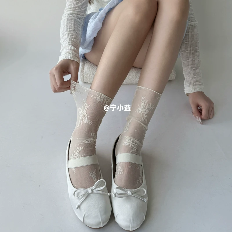宁小益花藤网纱中筒袜子女春夏季超薄透明纱法式芭蕾甜美风堆堆袜