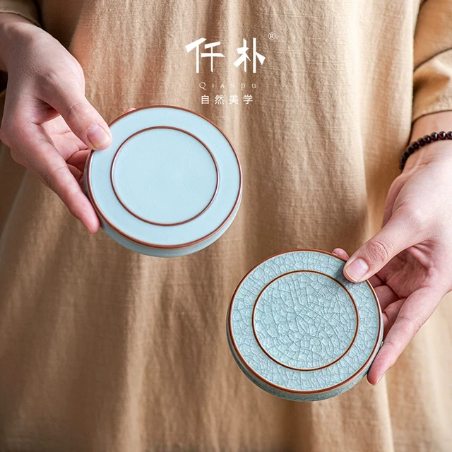 仟朴 汝窑杯垫开片冰花茶杯垫陶瓷圆形茶道功夫茶杯托茶托隔热新