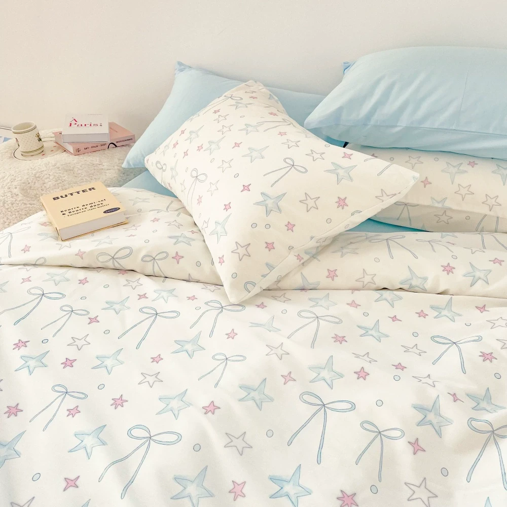 浅蓝的心事 可爱少女系100全棉三四件套床单床笠原创小插画Y2K风