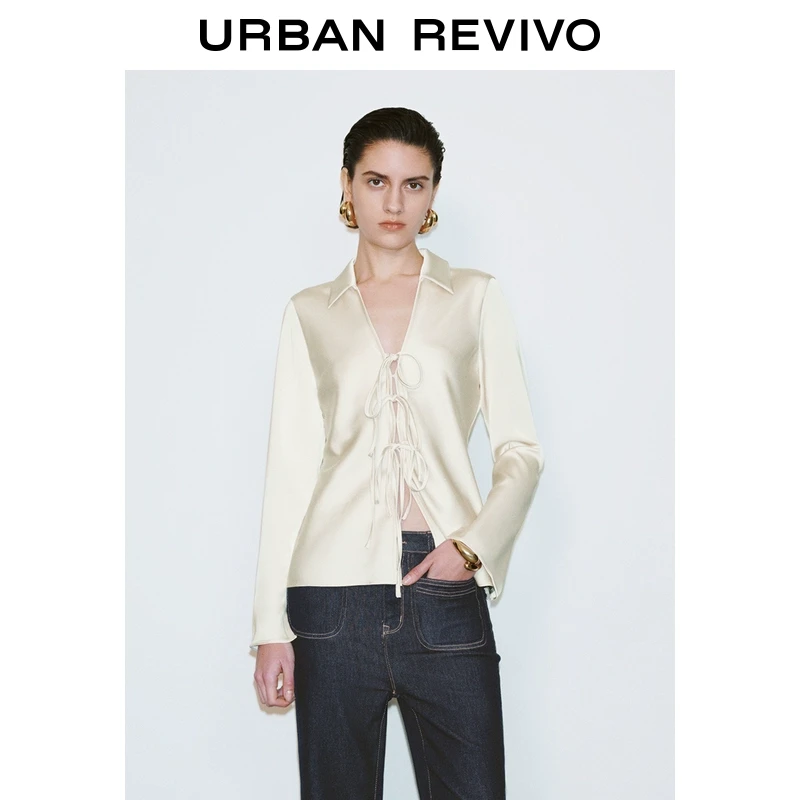 UR2025春季新款女装欧若风摩登通勤系带长袖开襟衬衫UWG250030