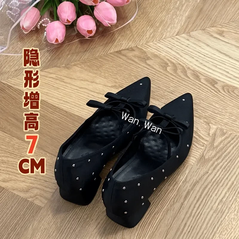 内增高7cm尖头水钻缎面玛丽珍女鞋百搭浅口仙女风芭蕾风女鞋