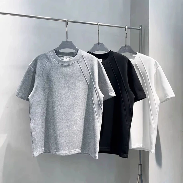 太空棉短袖t恤男士夏季2025新款重磅圆领半袖拼接设计感正肩体恤