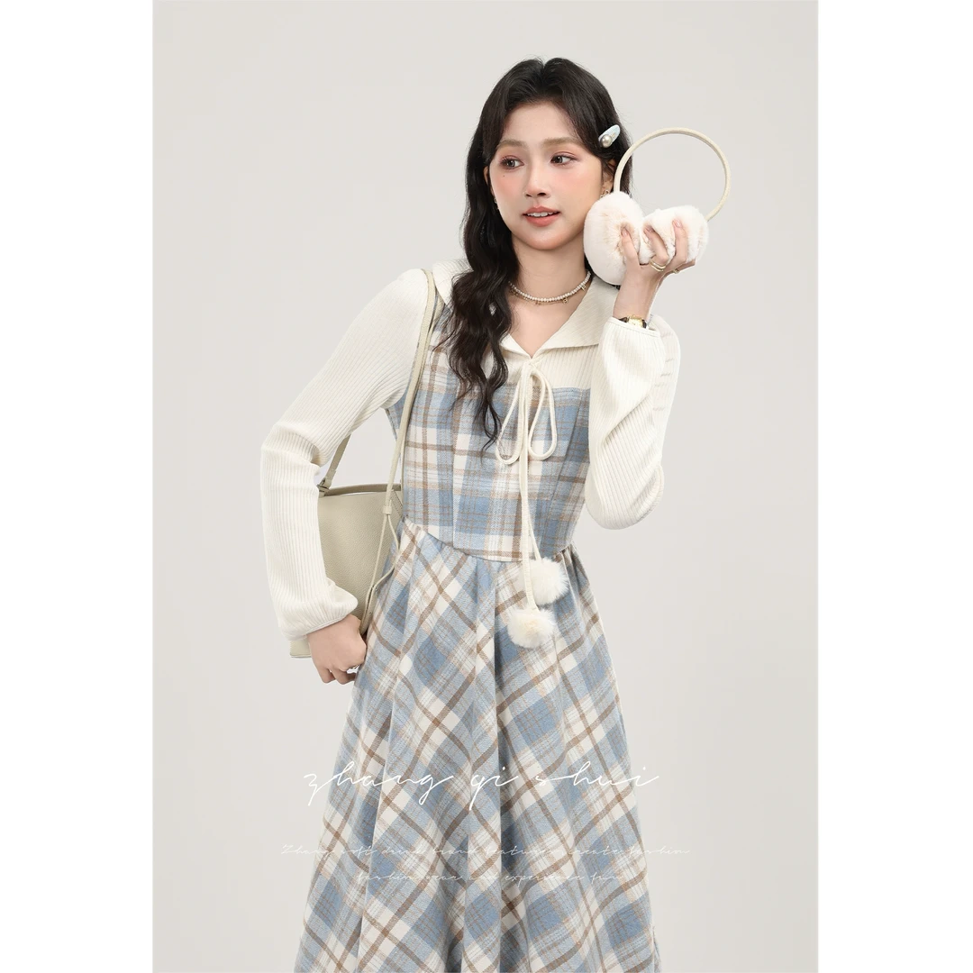 张汽水秋冬季新款格子假两件内搭连衣裙蓝色短外套小香风两件套女