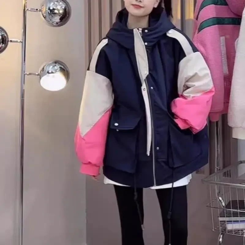 加绒加厚拼色立领连帽工装派克服女冬季宽松韩版BF风棉服外套潮