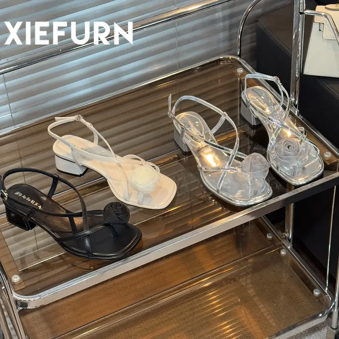 XIEFURN/鞋夫人夏季山茶花仙女风粗跟凉鞋2025新款度假风细带凉鞋