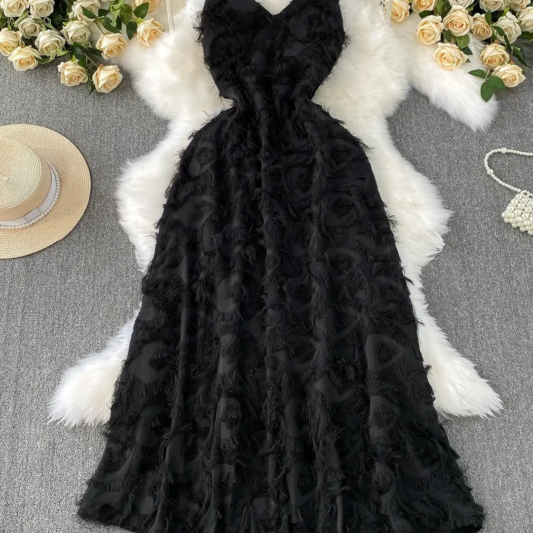 晚礼服裙女宴会气质伴娘服高贵主持人V领收腰显瘦羽毛吊带连衣裙