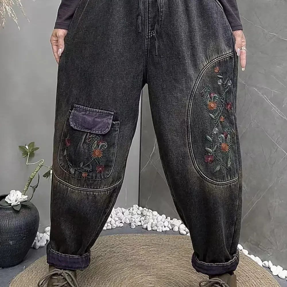 新款9111秋冬加绒加厚重工刺绣复古宽松百搭牛仔哈伦裤