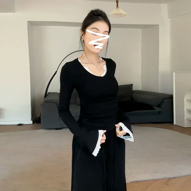 2024新款秋冬季内搭打底衫高级感别致黑色针织衫蕾丝长袖上衣女装