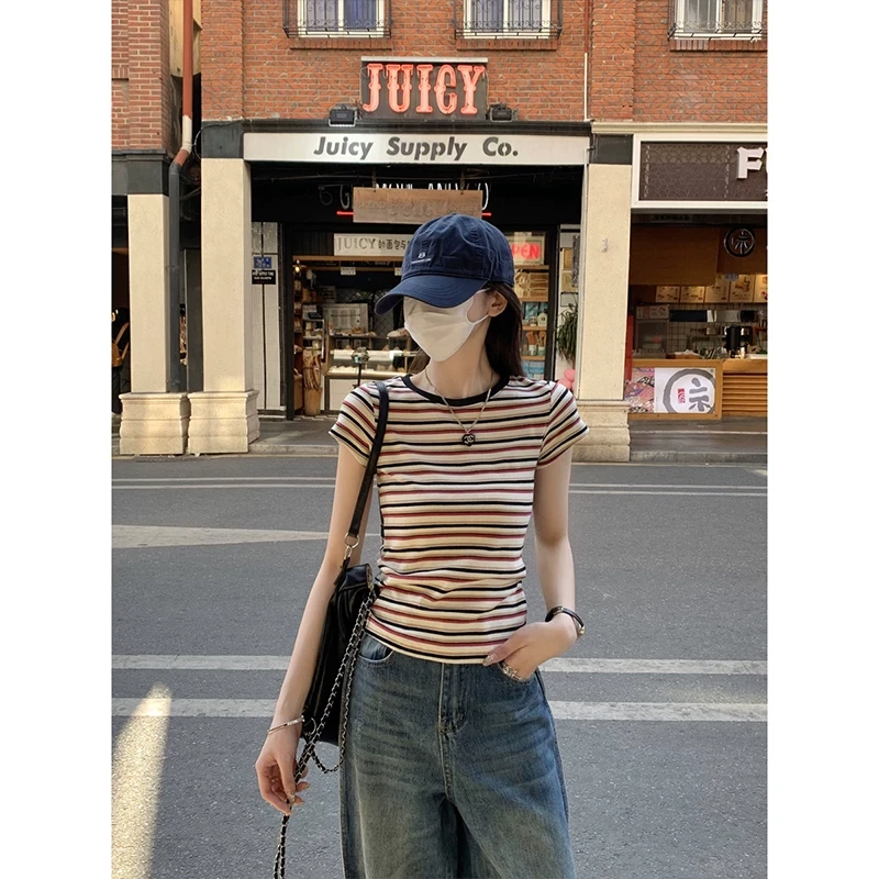 韩版圆领复古小个子撞色T恤女2025夏季新款条纹修身百搭短袖上衣