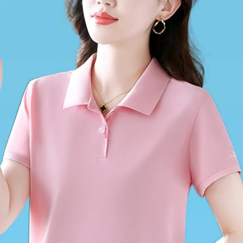 好看的显白女士冰丝纯色短袖翻领polo衫中年妈妈夏季休闲显瘦上衣
