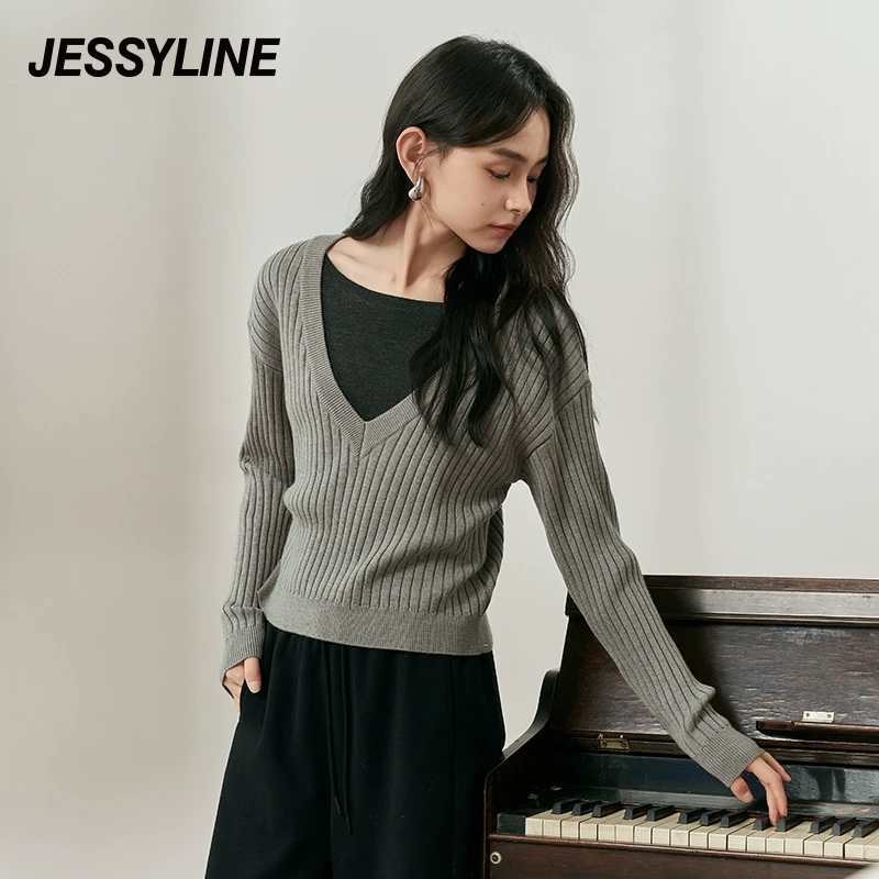 杰茜莱灰色设计感小众针织女2024秋新款假两件毛衫上衣 jessyline