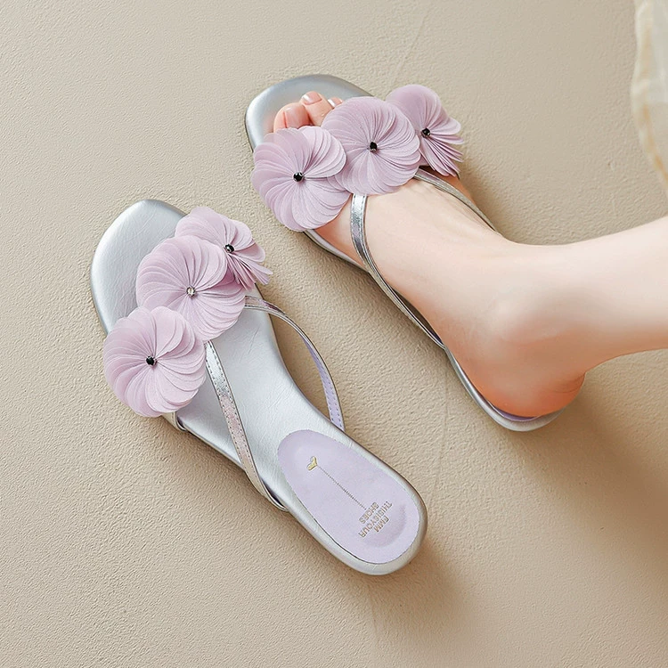 手工女鞋~2.5cm低跟花朵一字拖鞋女2025夏季时尚外穿粗跟凉拖