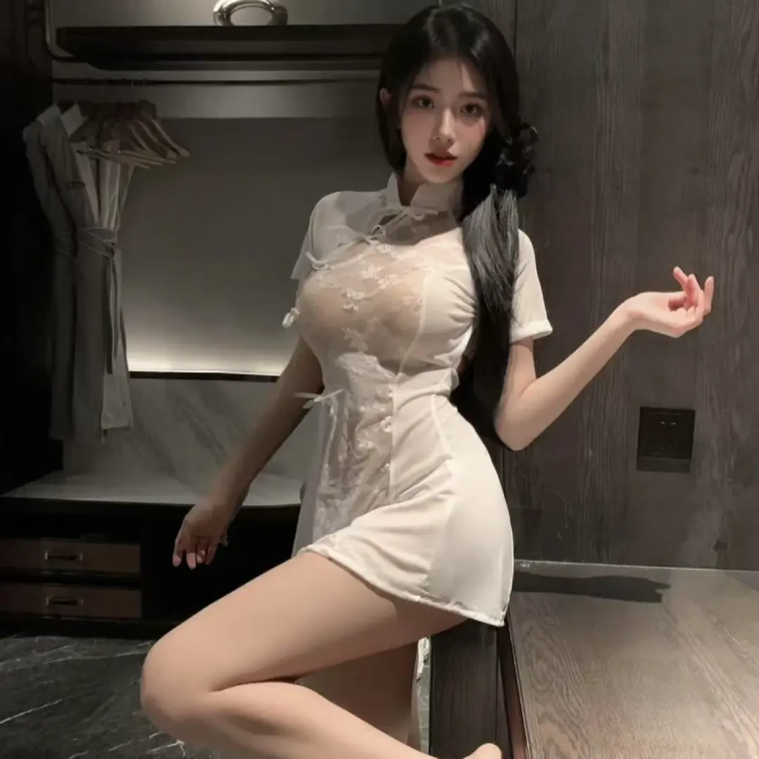 -蕾丝显瘦旗袍辣妹透视包臀裙连衣裙短款夏季开叉收腰修身纯欲风