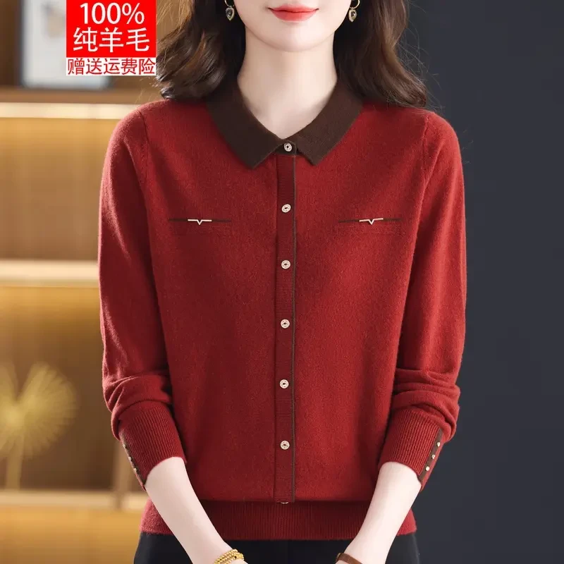 中年妈妈翻领100纯羊毛衫女2025秋冬新款毛衣宽松内搭洋气打底衫
