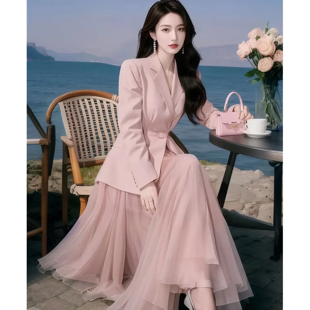 4163+4164开春搭配一整套气质名媛粉色西装外套纱裙独特超好看女