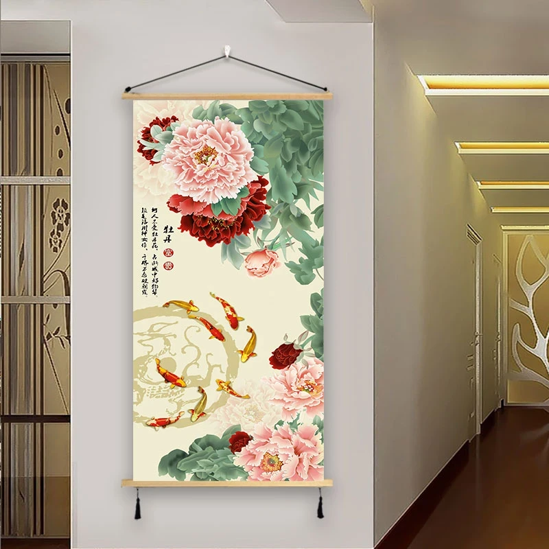 牡丹荷花鲤鱼九鱼图实木挂画新中式装饰画入户正对面玄关客厅书房