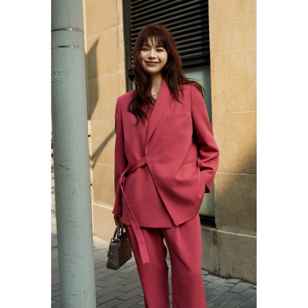 【折扣款】plusmall杨天真大码女装复古斜门襟西装套装PM2302050AB