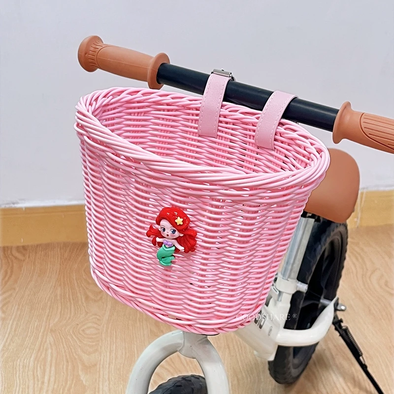2025新款儿童自行车车筐可爱卡通美人鱼藤编大容量置物车篮收纳筐