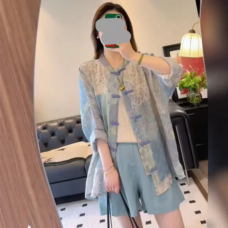 新中式国风套装女高级感别致夏季盘扣防晒衬衫短裤减龄洋气两件套