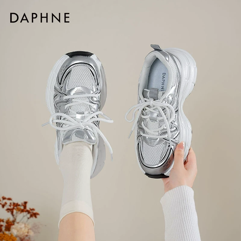 达芙妮银色老爹鞋女款2025新款夏季厚底增高运动鞋网面透气休闲鞋