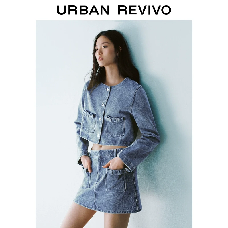 UR2025秋季新款女装休闲减龄蝴蝶结纽扣饰牛仔外套UYY850020