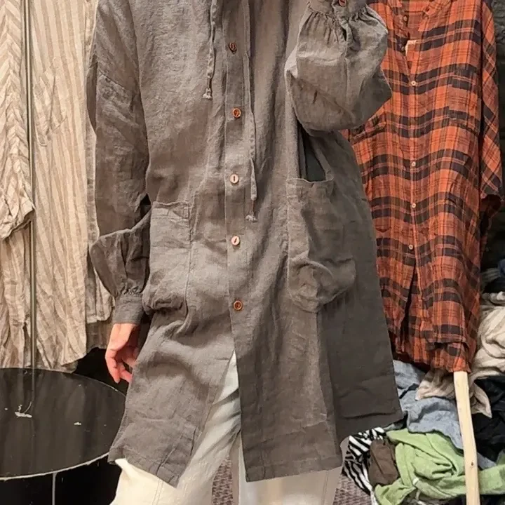 干洗亚麻双口袋风帽衫早秋宽松百搭复古长外套风衣
