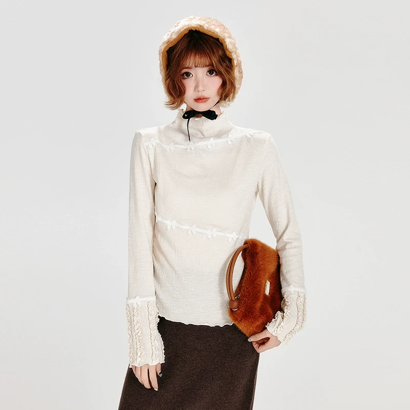 Girlyhalo半高领长袖t恤女春秋新款花边设计感修身显瘦内搭上衣