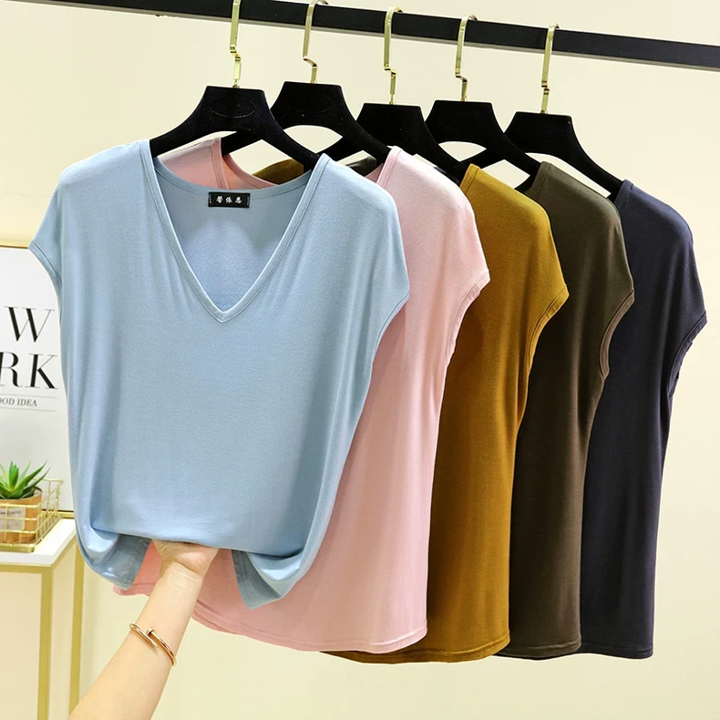 夏季莫代尔V领短袖T恤女薄款纯色宽松内搭打底衫大码百搭上衣外穿